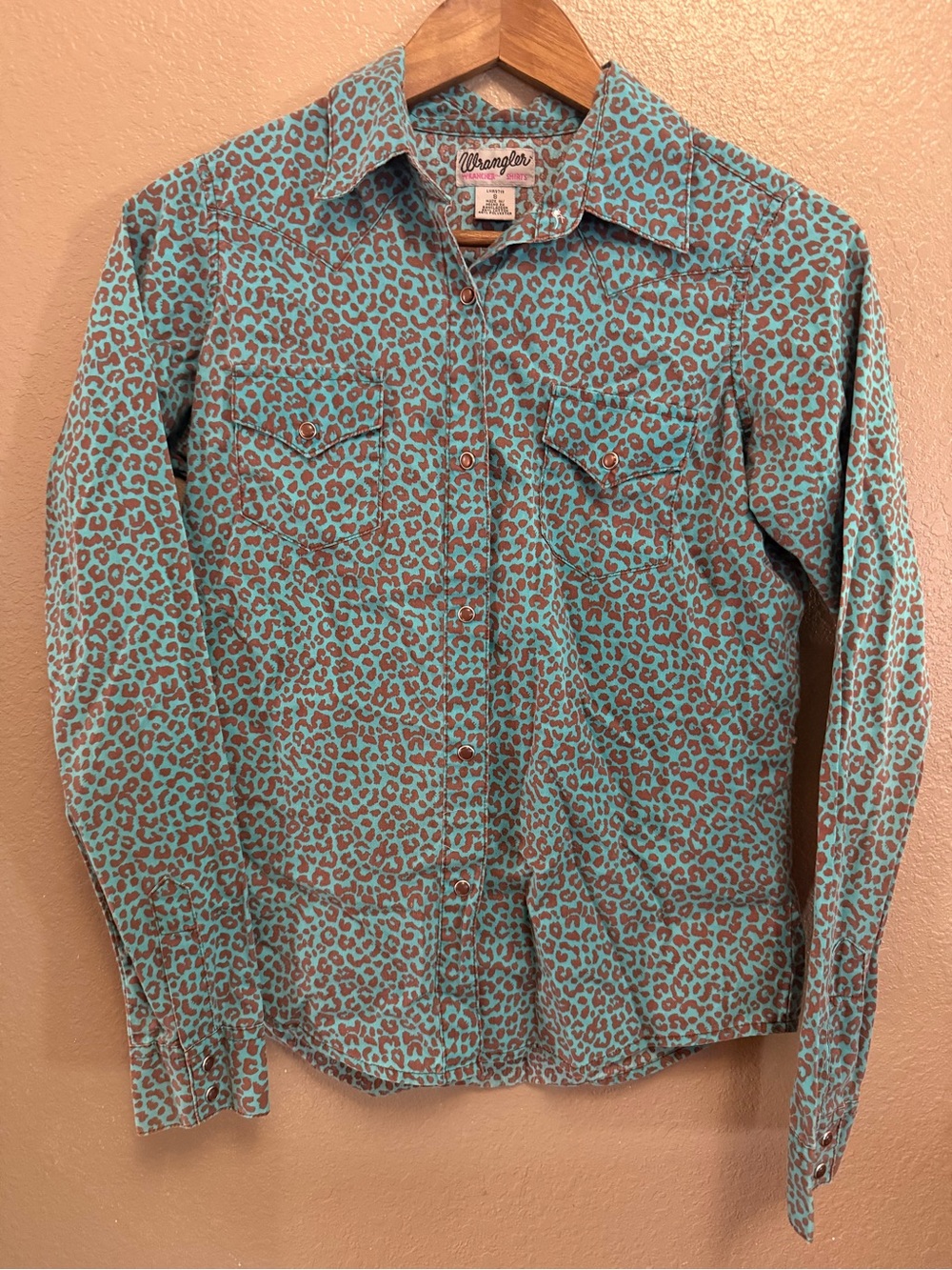Wrangler Teal and Brown Leopard Print Western Button-Down Shirt